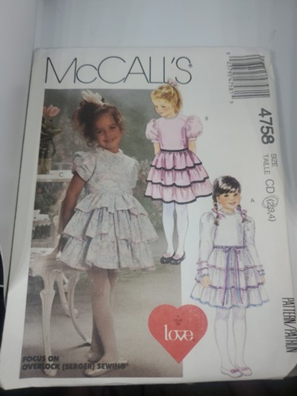 McCalls 4758 Sewing Pattern Childs Three Tier Dress Slv Variation sz 2 cut
